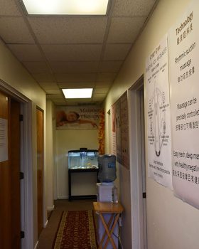 A hallway adorned with various posters and signs